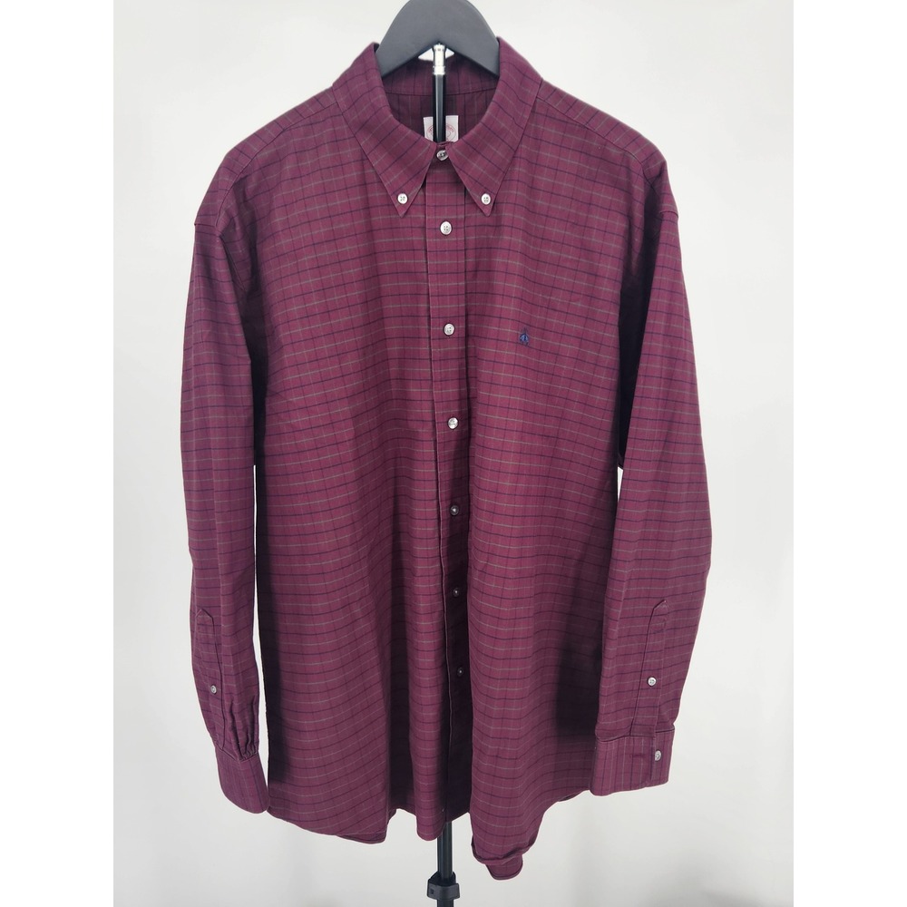 Brooks Brothers Madison Fit Shirt XL Burgundy Green Chk Non Iron Stretch Cotton